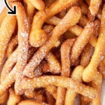 Funnel cake fries on a white plate, lightly powdered with sugar, shown with a bowl of batter and whisk, labeled &ldquo;Made From Classic Batter!&rdquo;