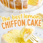 a slice of lemon chiffon cake on a plate with a fork and a whole lemon chiffon with two cut slices