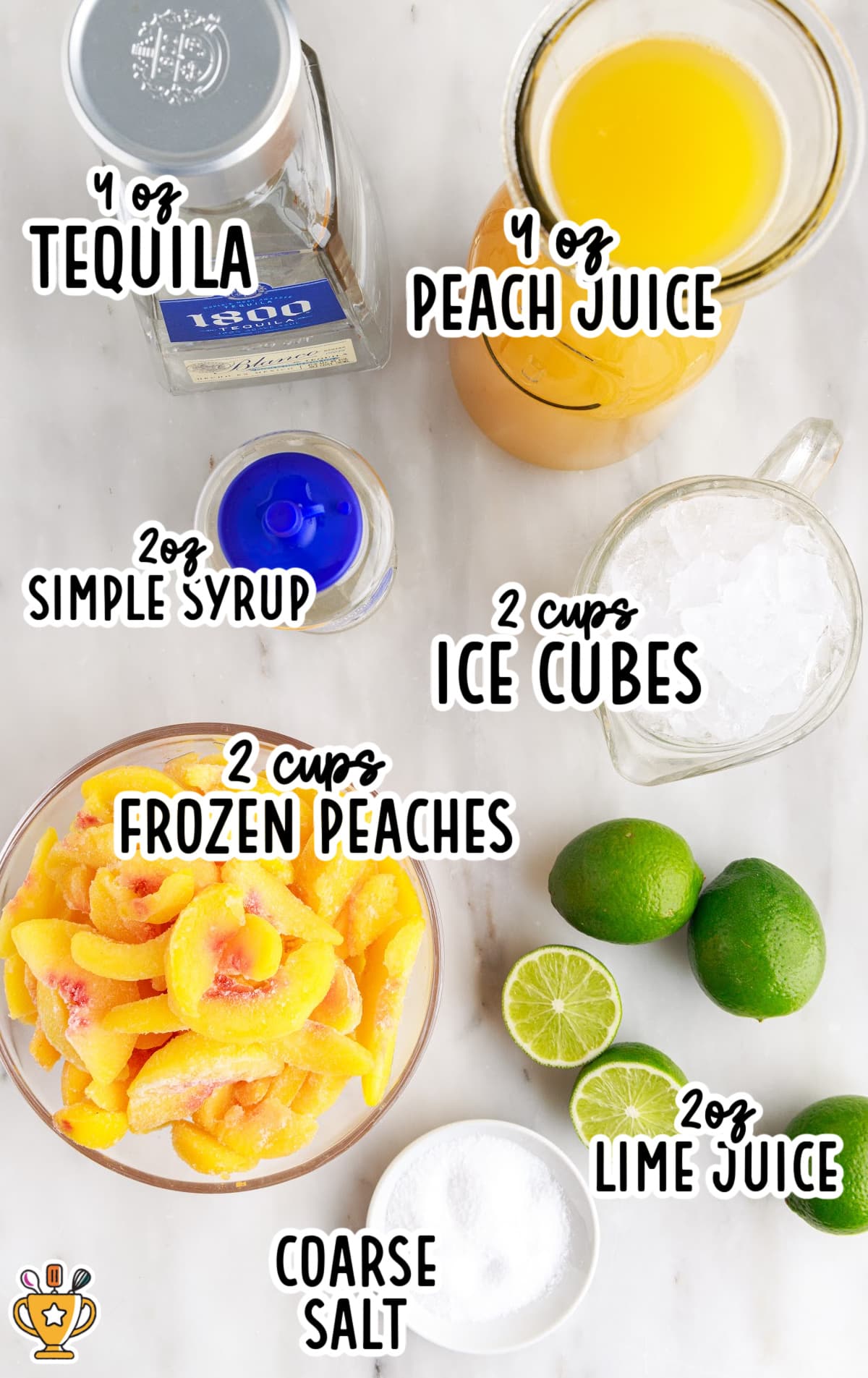 Flat lay of fresh peaches, lime, tequila, triple sec, simple syrup, and ice arranged on a white surface.