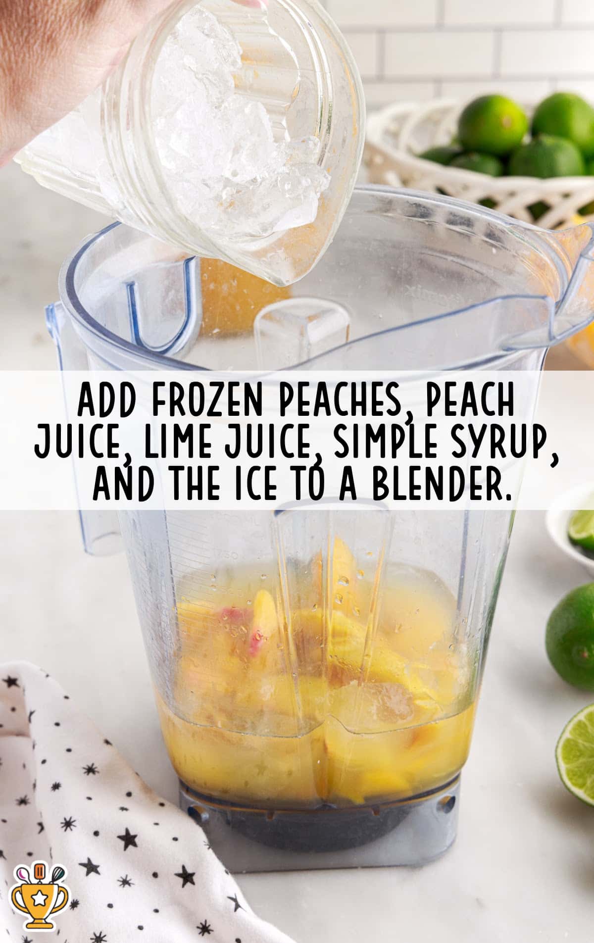 adding frozen peaches, peach juice, lime juice, simple syrup and the ice to a blender