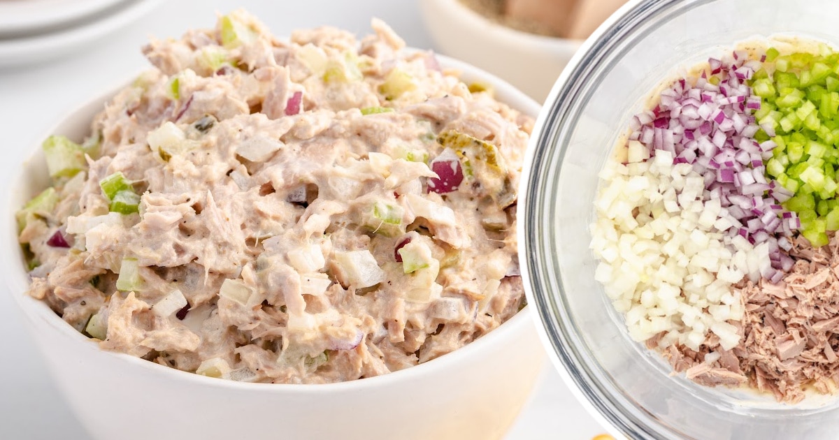 Tuna salad in a white bowl next to a separate glass bowl with neatly arranged sections of red onion, white onion, celery, and tuna.