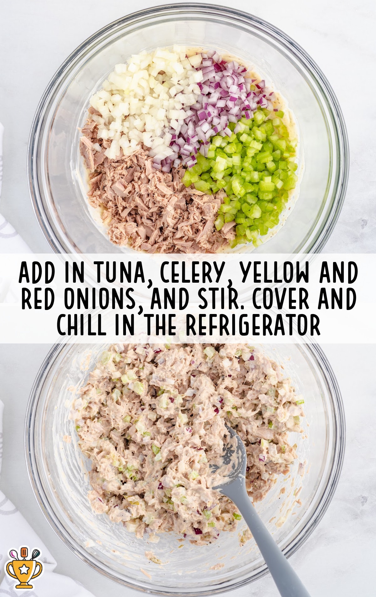 Two-step overhead photo of chopped tuna, celery, and onions added to dressing, then stirred into a creamy, chunky tuna salad.