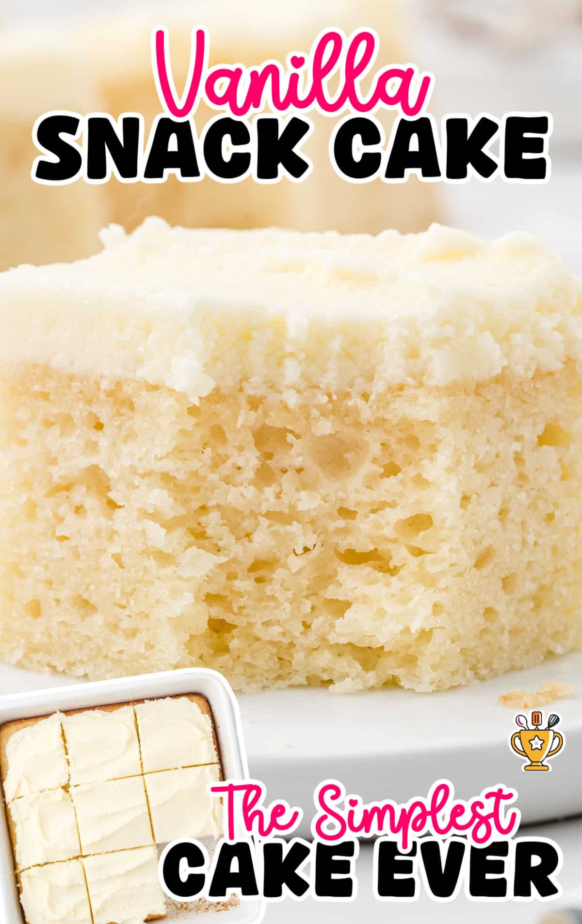 Frosted vanilla snack cake slice on a white plate, showing the soft crumb texture and fluffy topping.