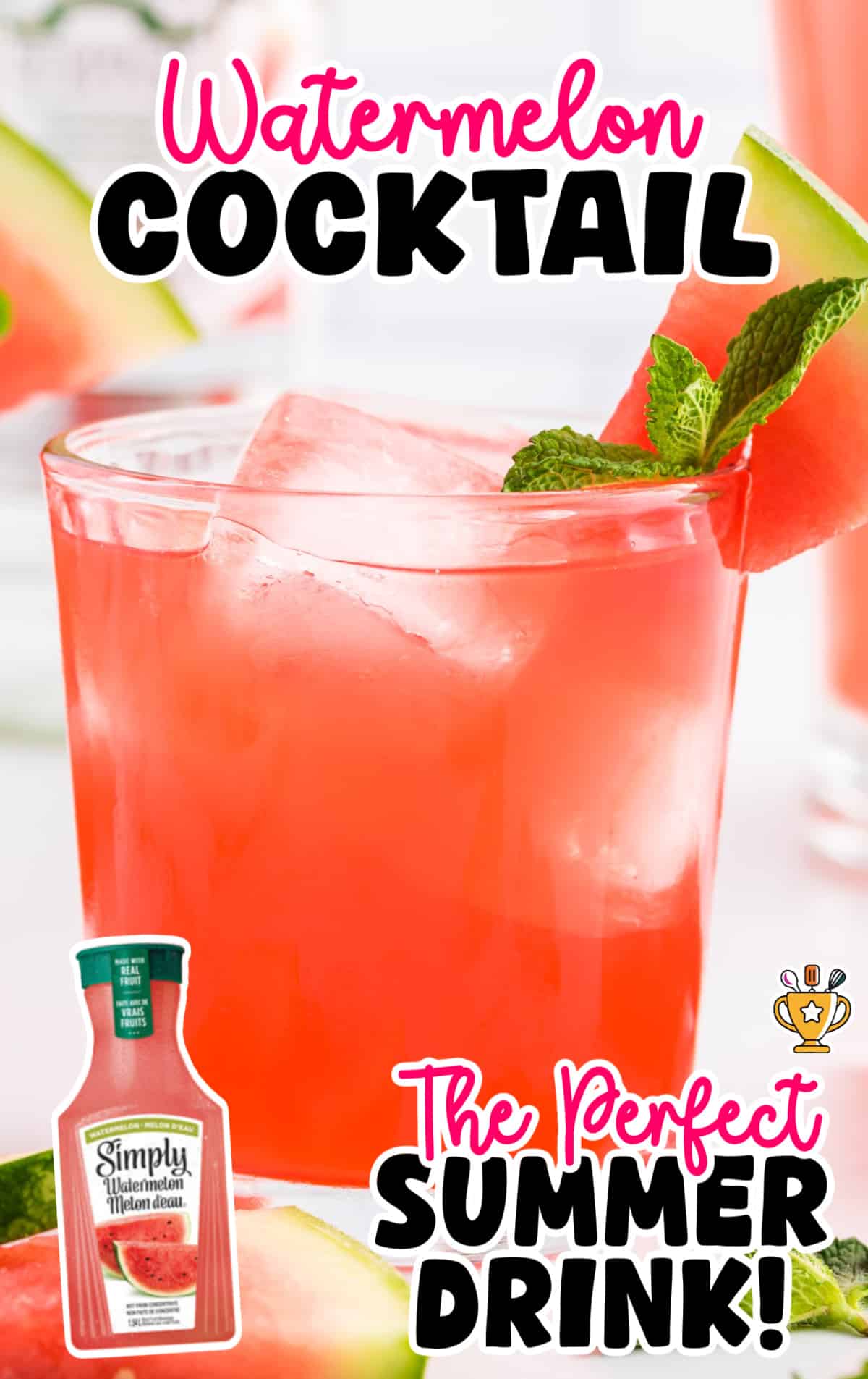 Close-up of a refreshing watermelon cocktail with ice cubes and garnishes, placed on a light wooden surface.
