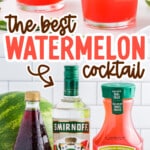 Pinterest-style layout of step-by-step watermelon cocktail preparation and a finished drink with a lime wedge.