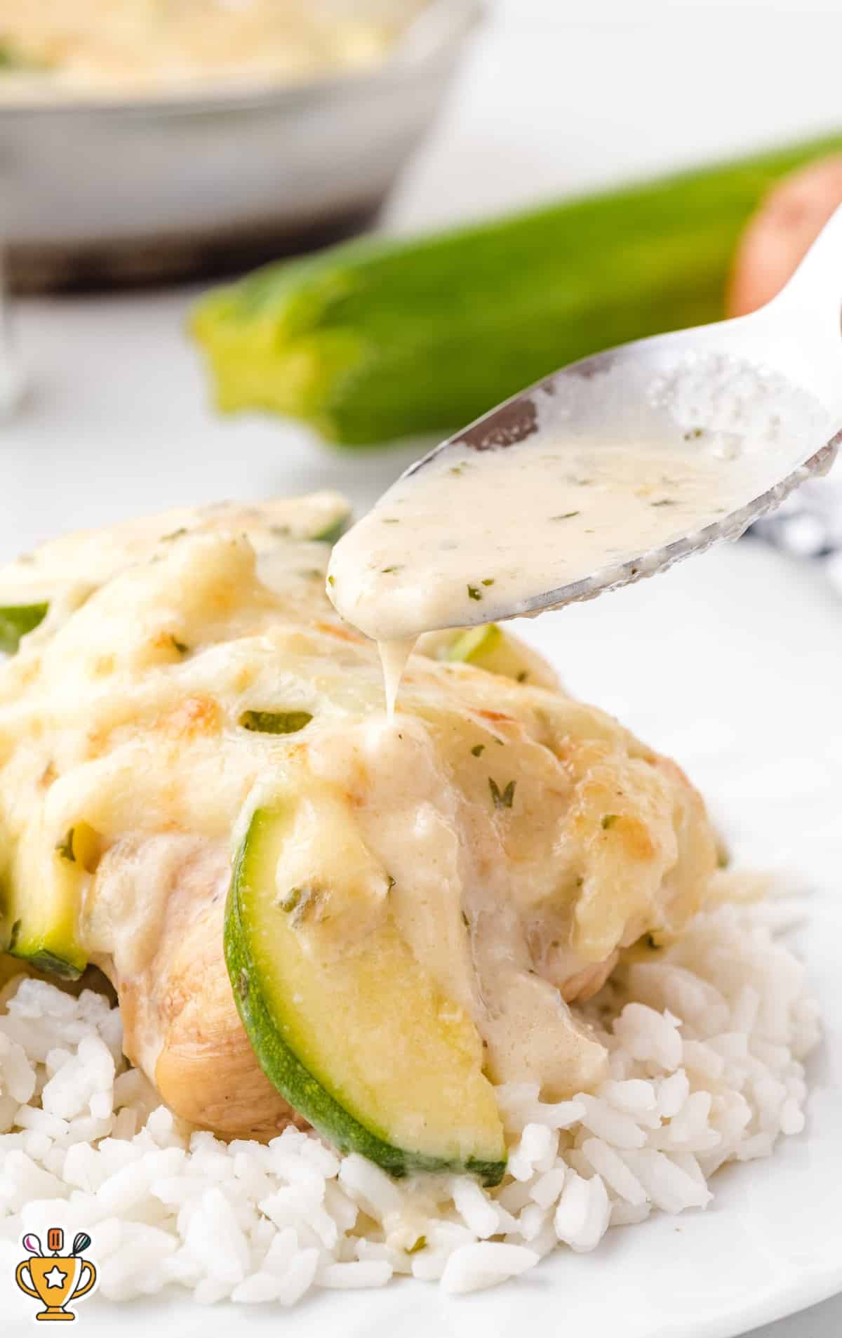 Zucchini Gratin served with white rice on a plate
