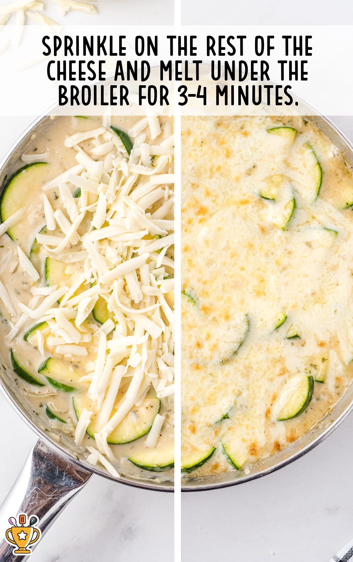 cheese sprinkled in a skillet with the zucchin and other ingredients in it