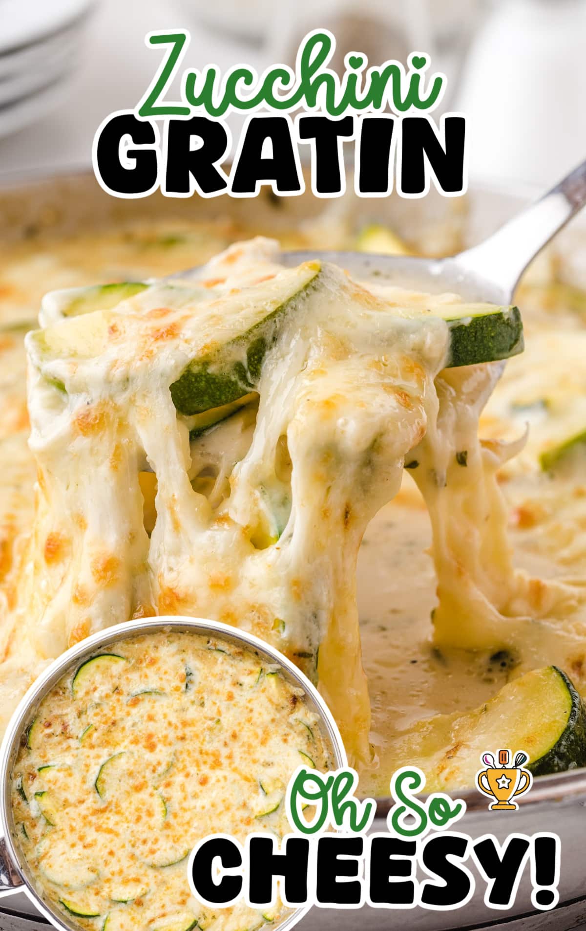 Close-up of a cheesy zucchini gratin being served from a skillet with melted Monterey Jack stretching from the spoon.