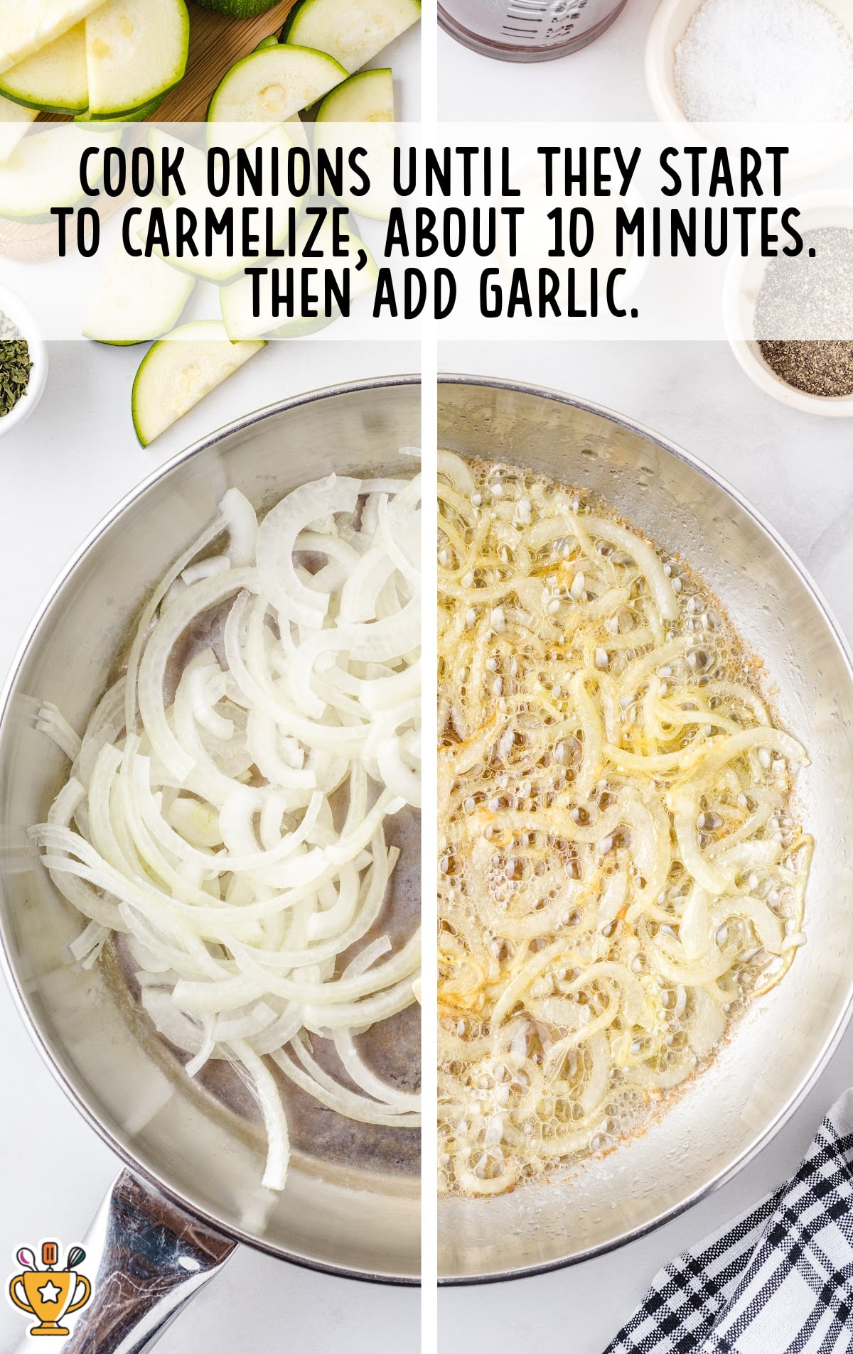 Sliced onion rounds being sautéed in a skillet until tender and lightly golden.