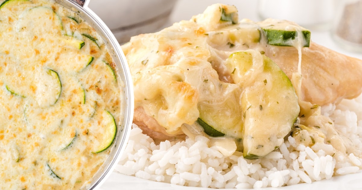 Zucchini gratin served over a bed of white rice, paired beside the full skillet with a golden cheesy topping.