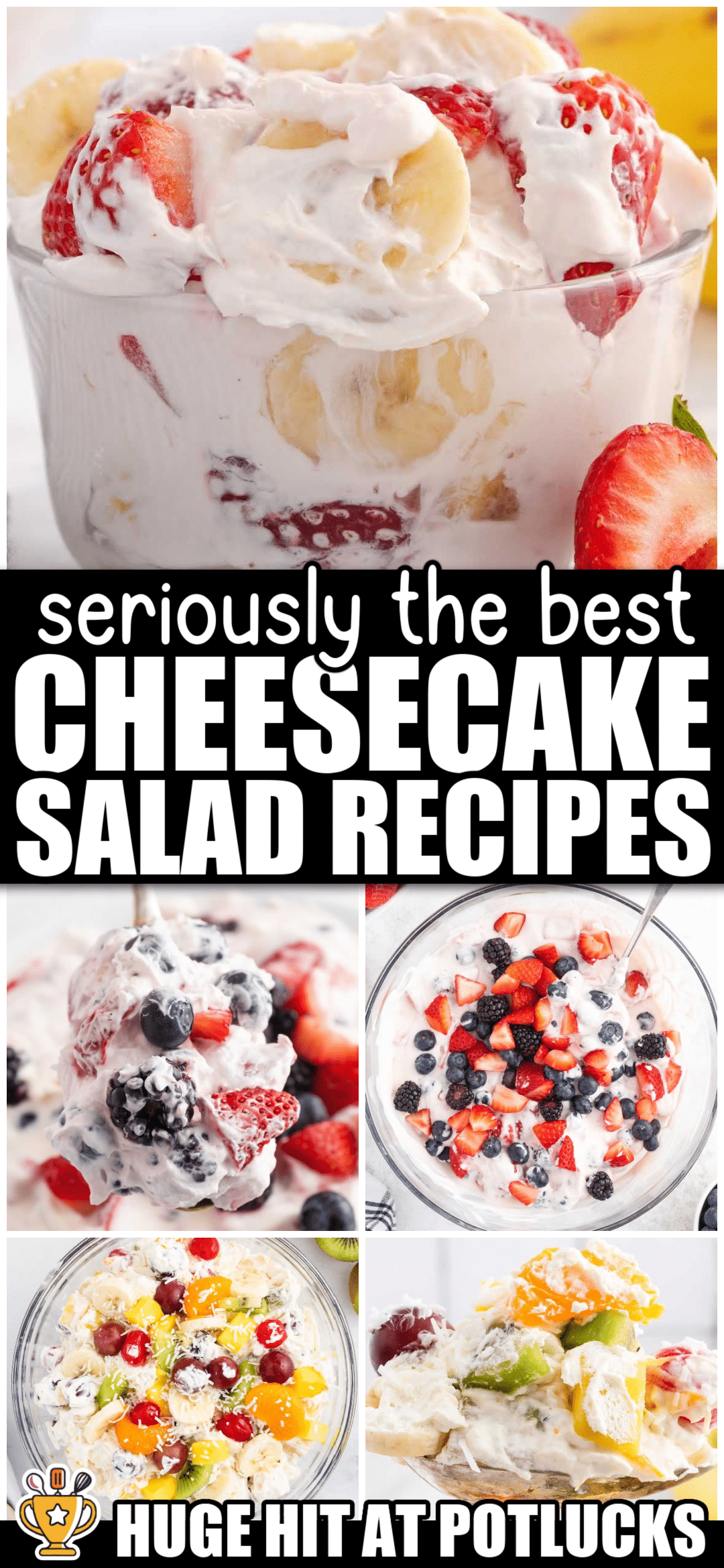 Roundup of no-bake cheesecake salad recipes with fresh fruit including strawberries, blueberries, and bananas