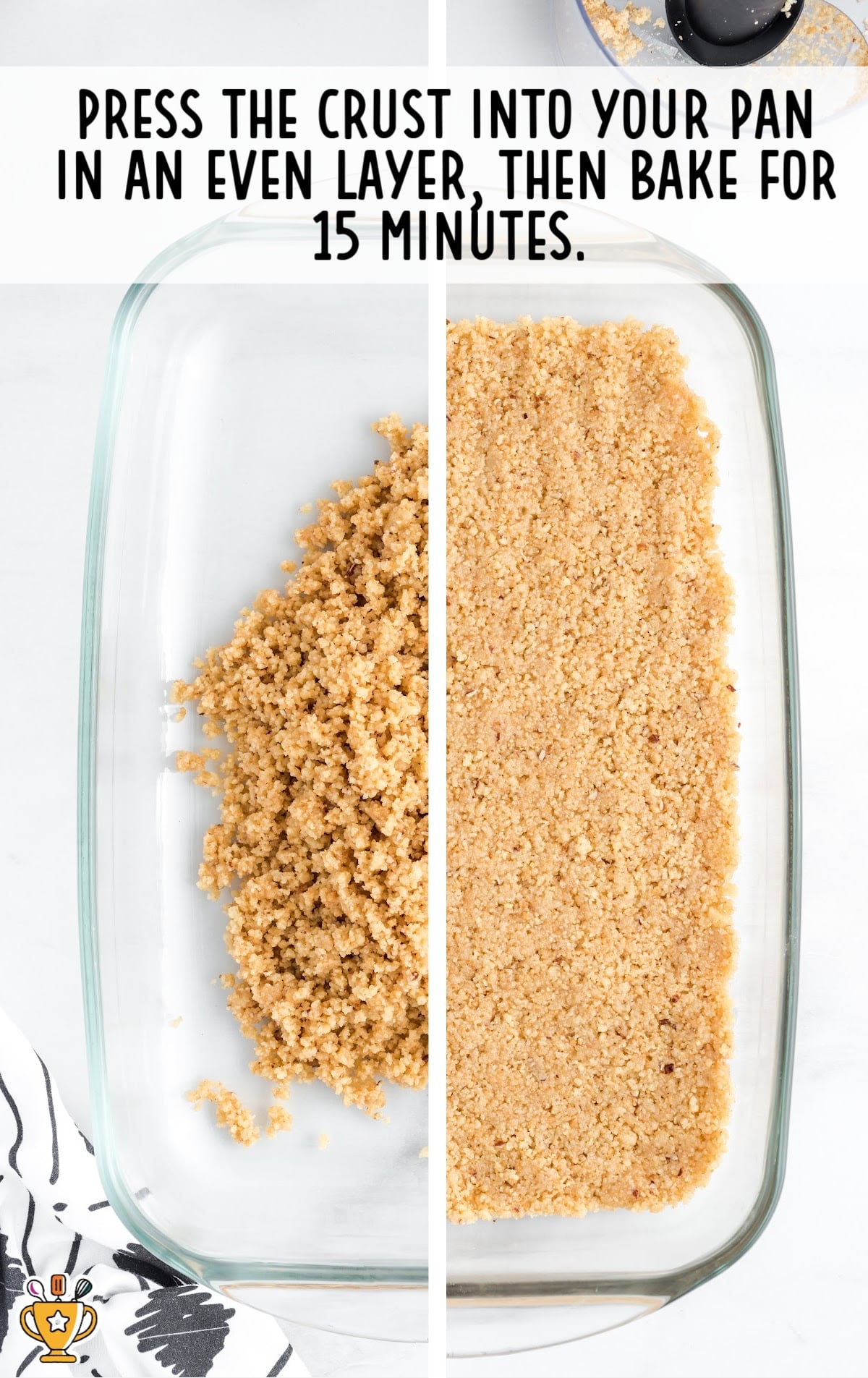 Two-panel image showing the process of pressing a pecan crust mixture into a glass baking dish before and after baking.