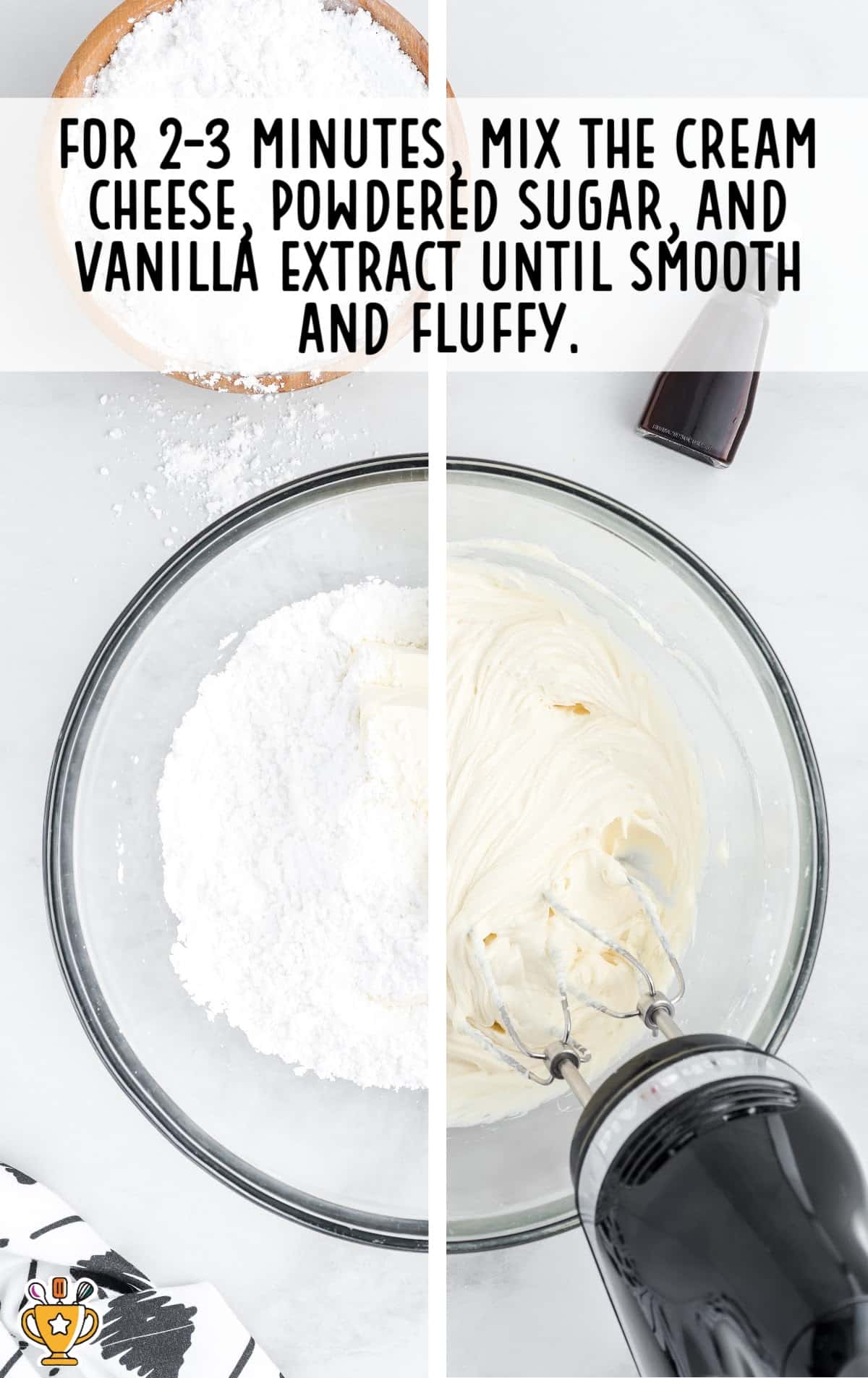 Split photo demonstrating the mixing of cream cheese, powdered sugar, and vanilla extract to a fluffy texture in a glass bowl.