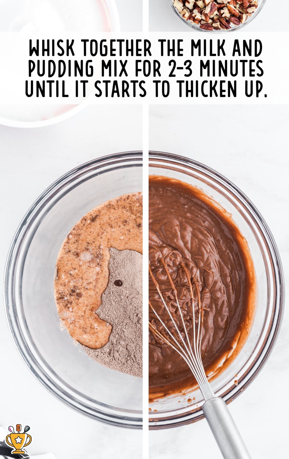 Side-by-side images of a bowl with pudding mix and milk before and after whisking into a smooth, thick chocolate pudding.