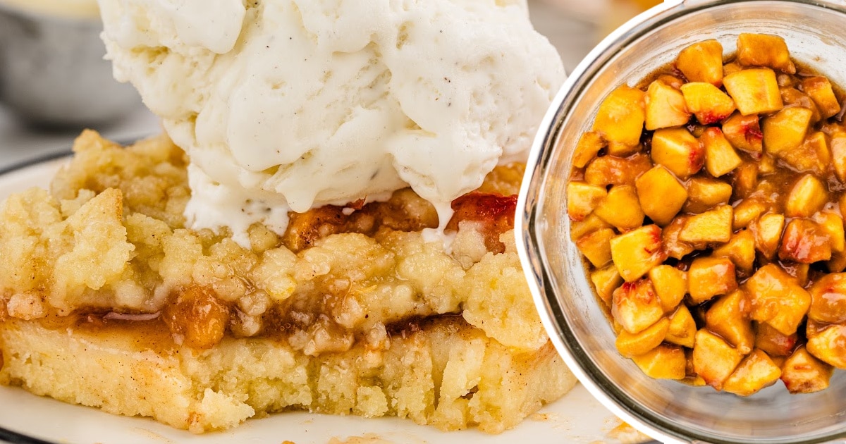 Plate with a peach bar in focus showing texture contrast between soft filling and crispy topping.