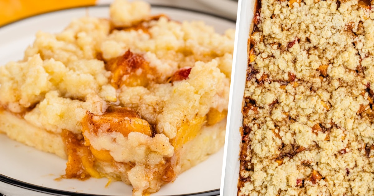 Peach bar on a plate, capturing the glossy peach filling and delicate crumble with perfect golden color.