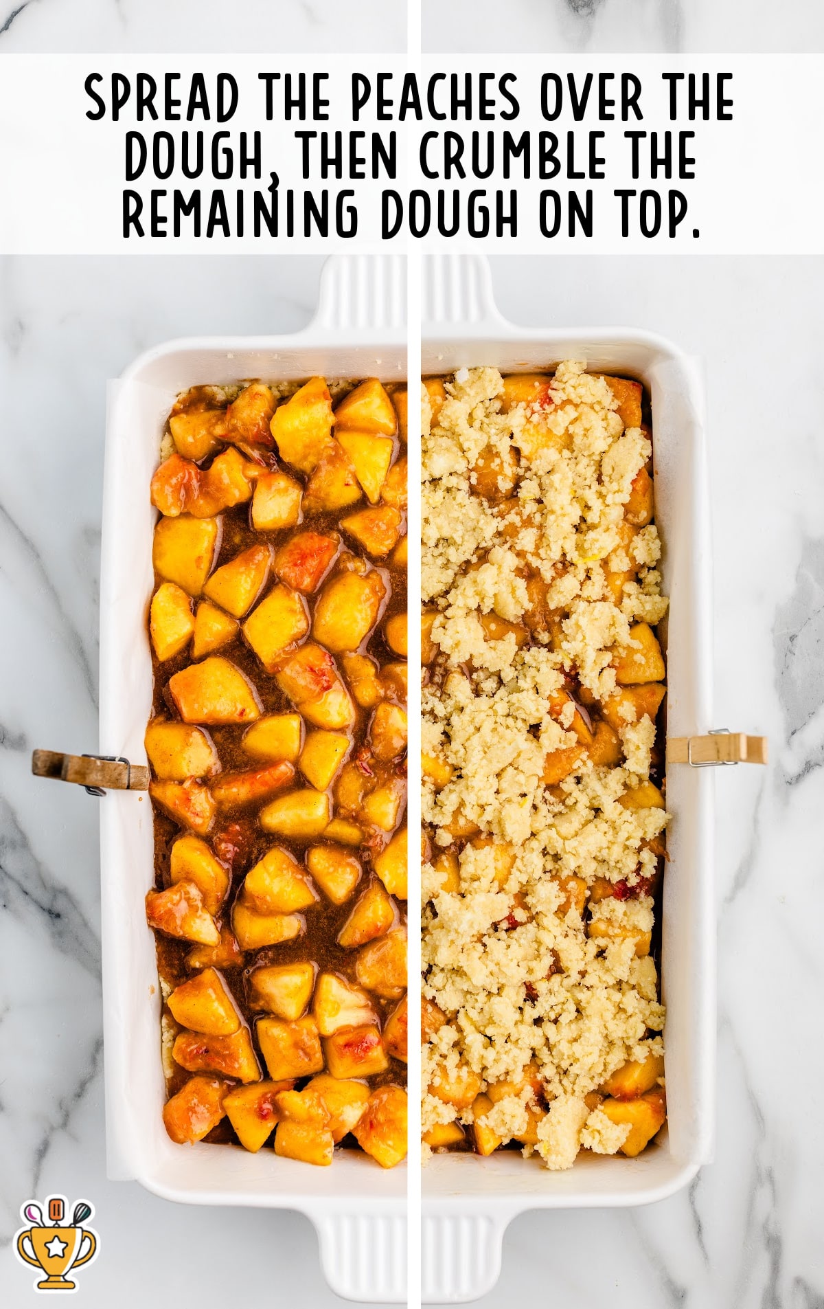 peaches spread over the dough in a baking dish