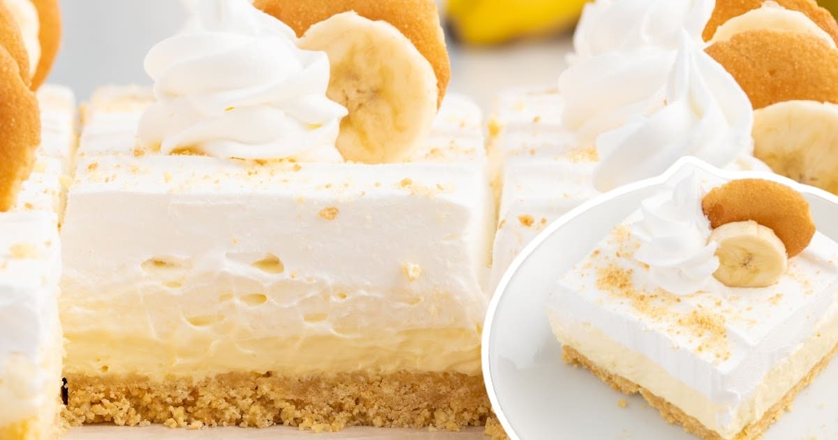 Multiple banana cheesecake bars with graham cracker crusts, creamy filling, whipped topping, and banana slices topped with Nilla wafers.