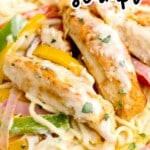 Vertical graphic showing creamy chicken scampi pasta with the text "the best chicken scampi – Olive Garden copycat" overlaid.