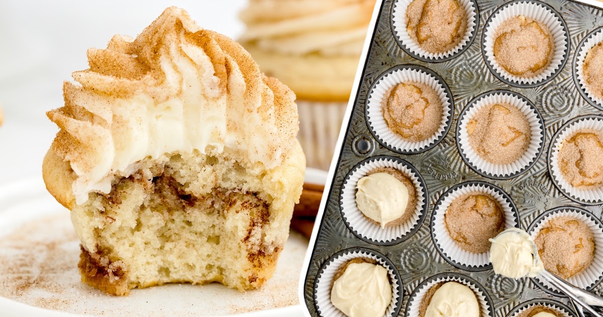 Side-by-side image featuring a bitten cinnamon cupcake on the left showing fluffy interior and cinnamon swirls, and a metal muffin pan on the right filled with white liners, some with cinnamon sugar and some with raw cupcake batter.