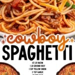A plate of cowboy spaghetti with melted cheese and green onions, with a full ingredient list and link to TheBestBlogRecipes.com.