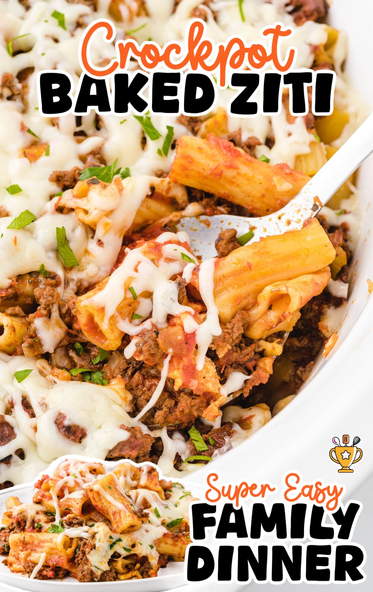 Serving spoon lifting a cheesy portion of crockpot baked ziti with browned beef, red sauce, and gooey melted mozzarella.