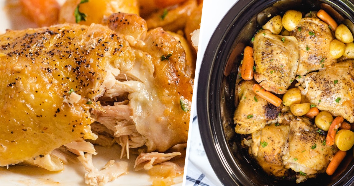 Close-up of slow cooker chicken thigh cut open to show tender meat, served with carrots and potatoes on a plate.