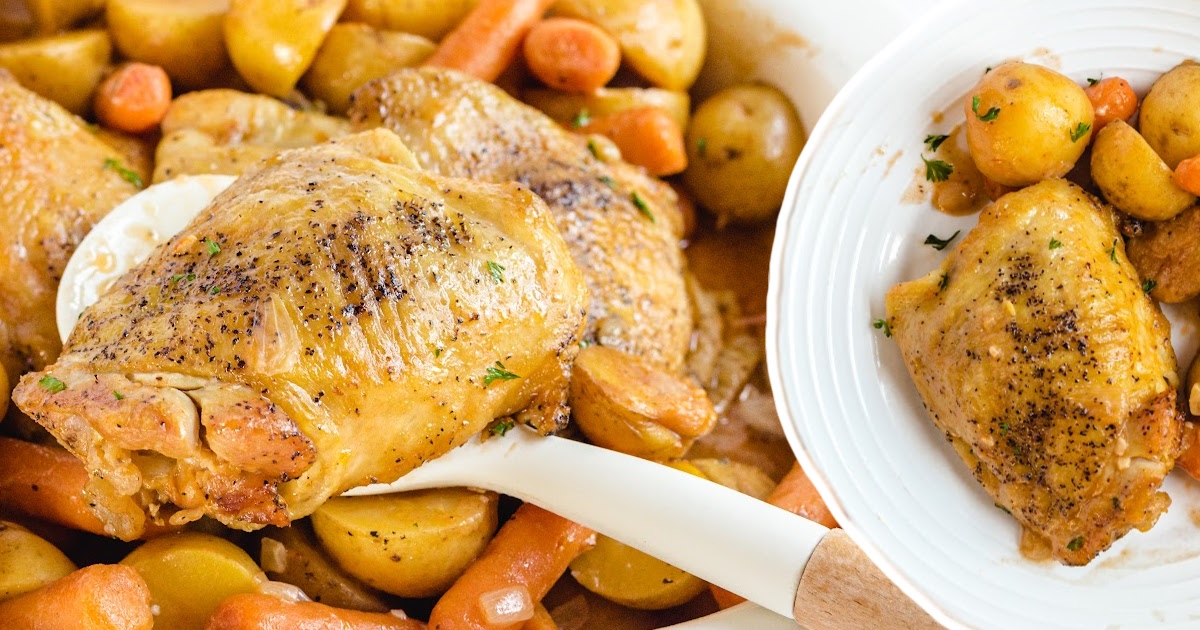 Two-part image showing a juicy chicken thigh on a plate and a slow cooker full of chicken thighs, carrots, and potatoes.