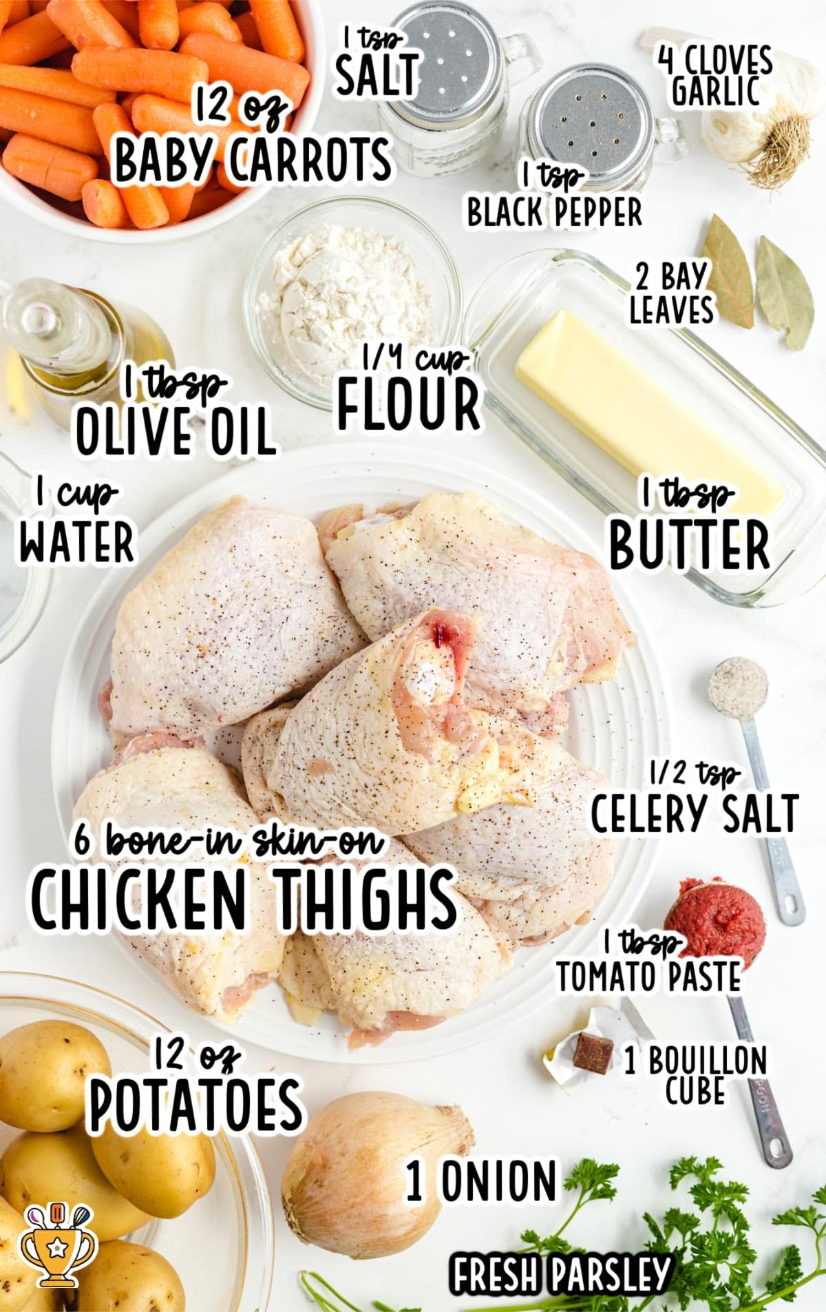Labeled flat lay of ingredients for slow cooker chicken thighs including raw chicken, carrots, potatoes, seasonings, and herbs.