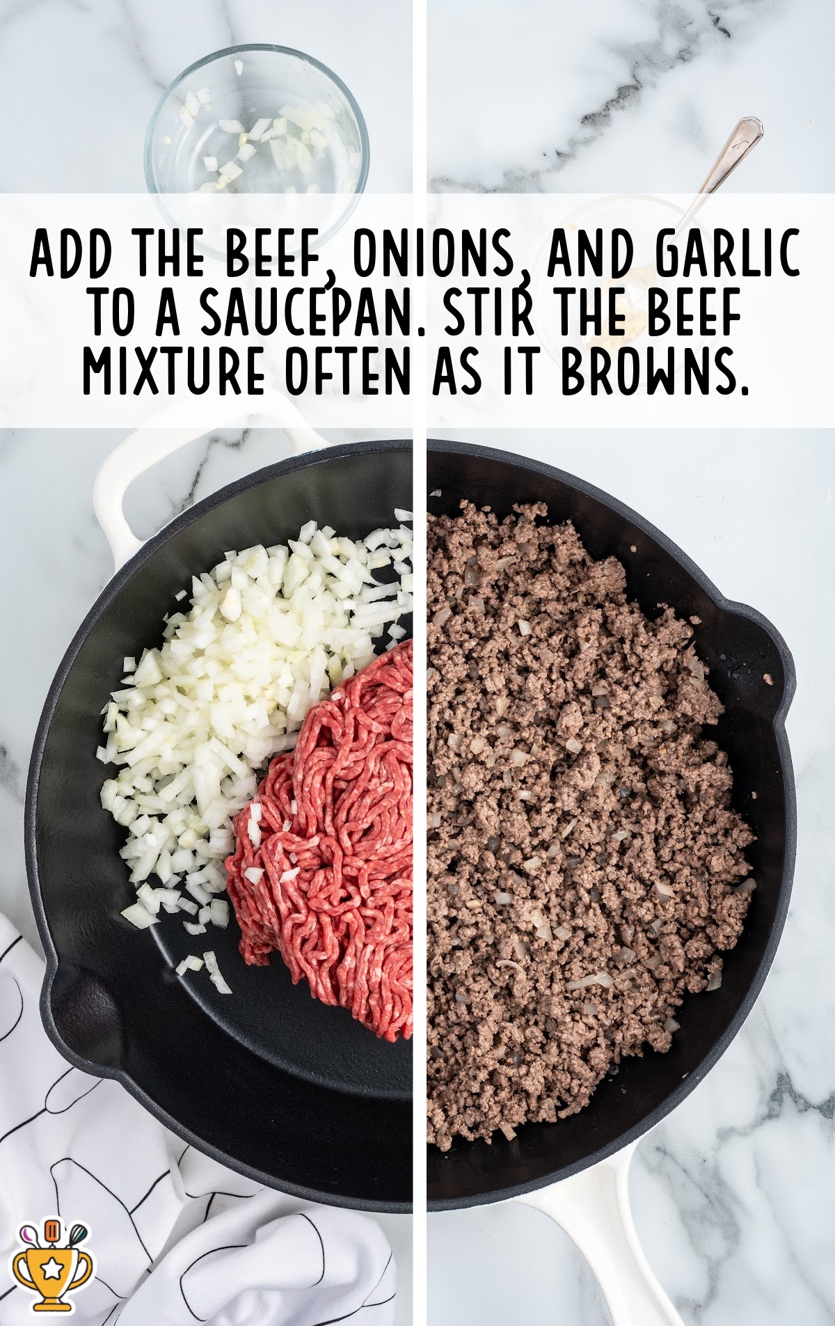 Side-by-side images showing raw ground beef with onions and garlic in a skillet, and browned beef mixture after cooking.
