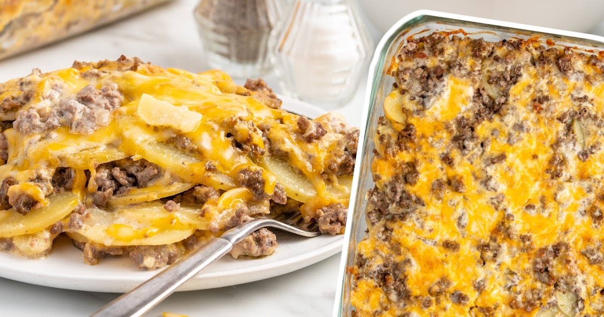Cheesy hamburger potato casserole with layers of sliced potatoes, ground beef, and melted cheese baked to golden perfection.