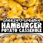 Cheesy and creamy hamburger potato casserole in a baking dish, topped with golden melted cheese and ground beef layers.