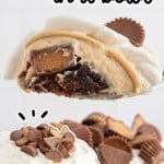 Tall Pinterest graphic of Heaven in a Bowl trifle, showing a spoonful of layered peanut butter mousse, brownies, and whipped topping, labeled with text.