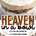 Vertical recipe graphic with overhead close-up of the dessert topped with chopped Reese’s, including a list of full recipe ingredients written in bold text.