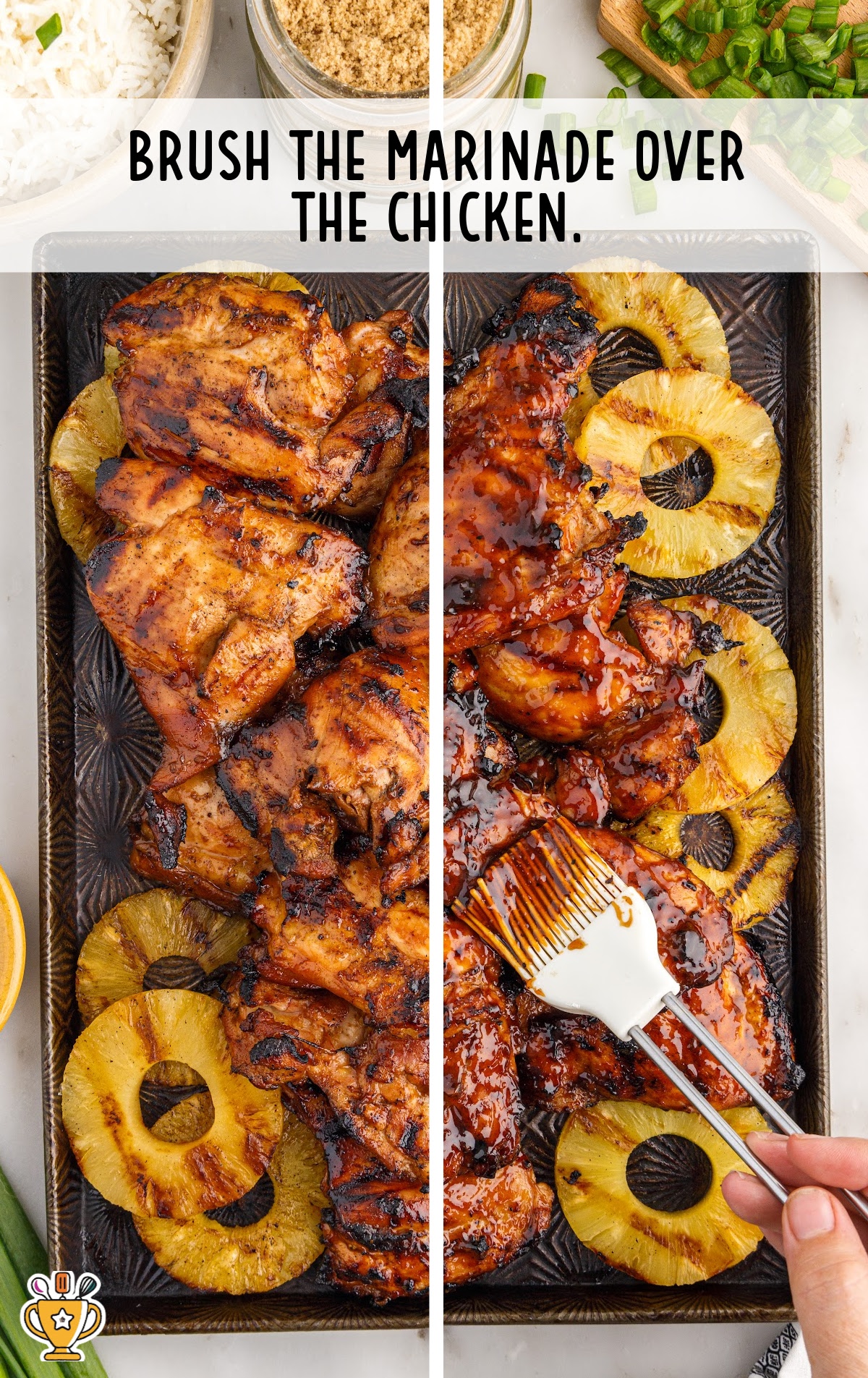 Before-and-after shot of grilled chicken with pineapple on a tray, showing plain chicken on the left and glossy glazed chicken on the right, with a hand brushing on marinade.