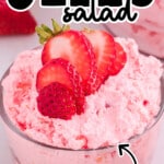 Tall Pinterest graphic with text &ldquo;The Best Jello Salad&rdquo; and &ldquo;Light & Airy!&rdquo; showing a bowl of strawberry Jello salad with visible ingredients below.