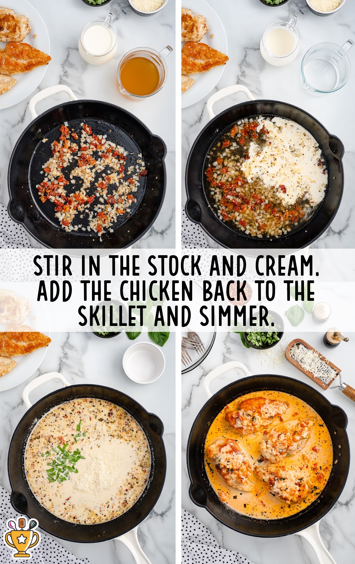 Four-step collage showing the process of making Marry Me Chicken: sautéing onions and tomatoes, adding stock and cream, stirring in Parmesan and basil, then simmering chicken breasts in the creamy sauce.