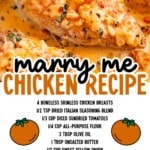 Marry Me Chicken recipe card image with creamy chicken in sauce and a full list of ingredients displayed with icons.