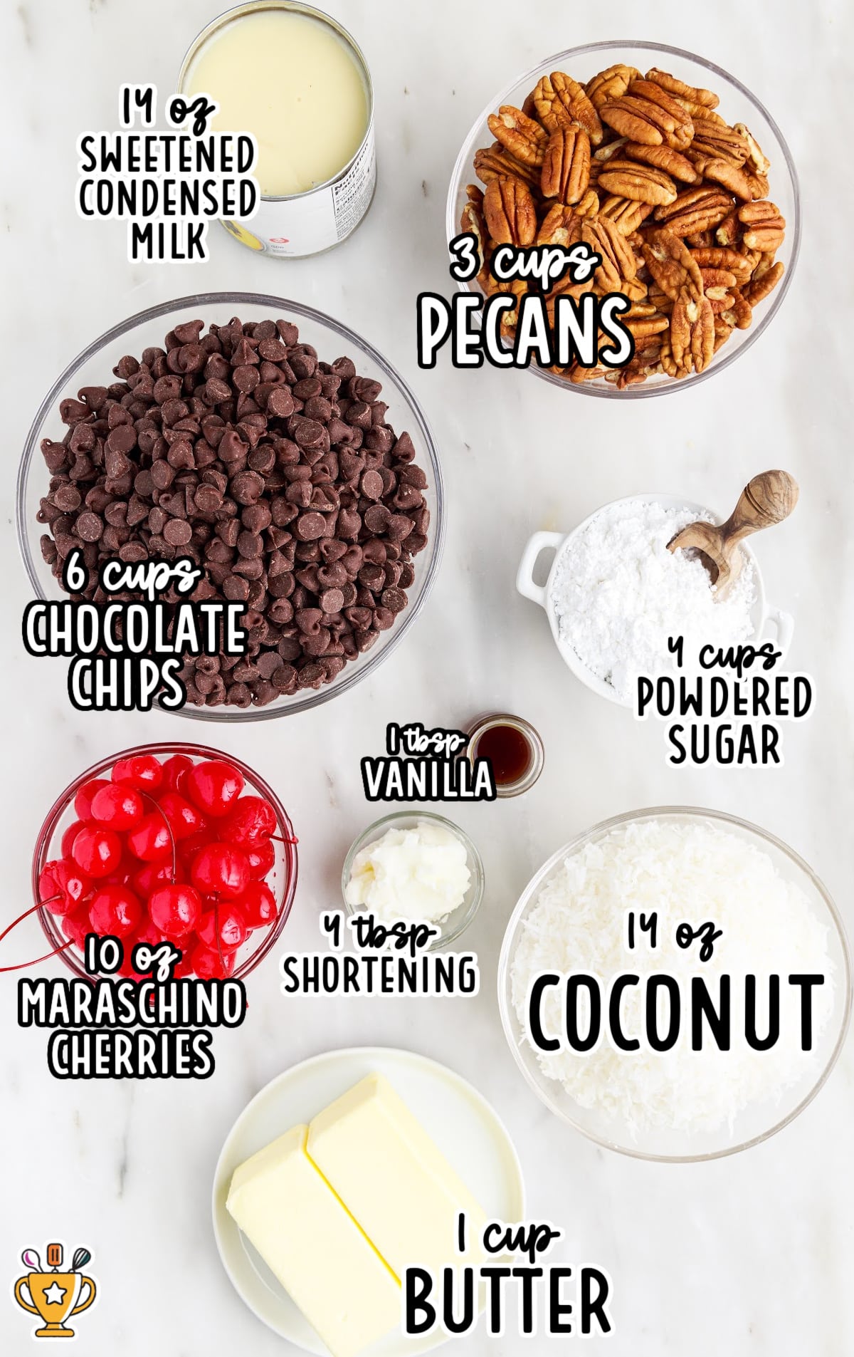 Top-down view of all ingredients for Martha Washington candy, labeled with quantities, including chocolate chips, cherries, coconut, and butter.