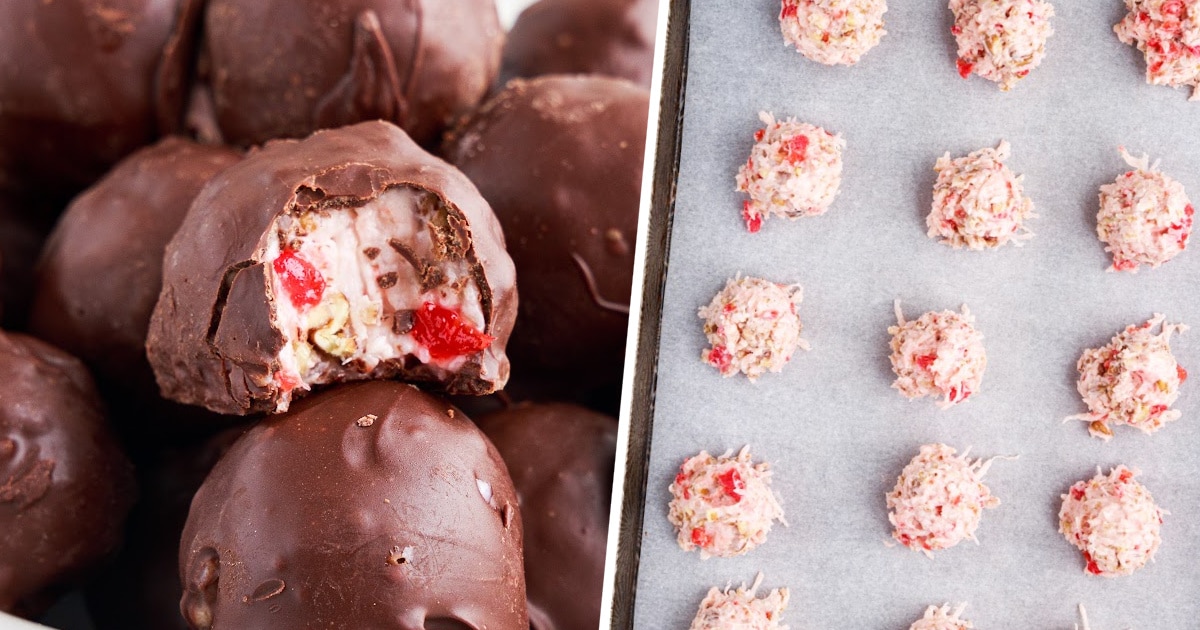 Split image showing finished Martha Washington candies on the left and rounded mounds of uncoated candy filling on a baking sheet to the right.