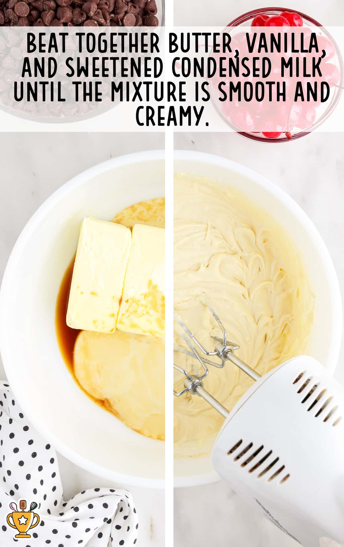 Side-by-side photo of butter, vanilla, and sweetened condensed milk being mixed in a bowl, with a hand mixer blending the creamy base.