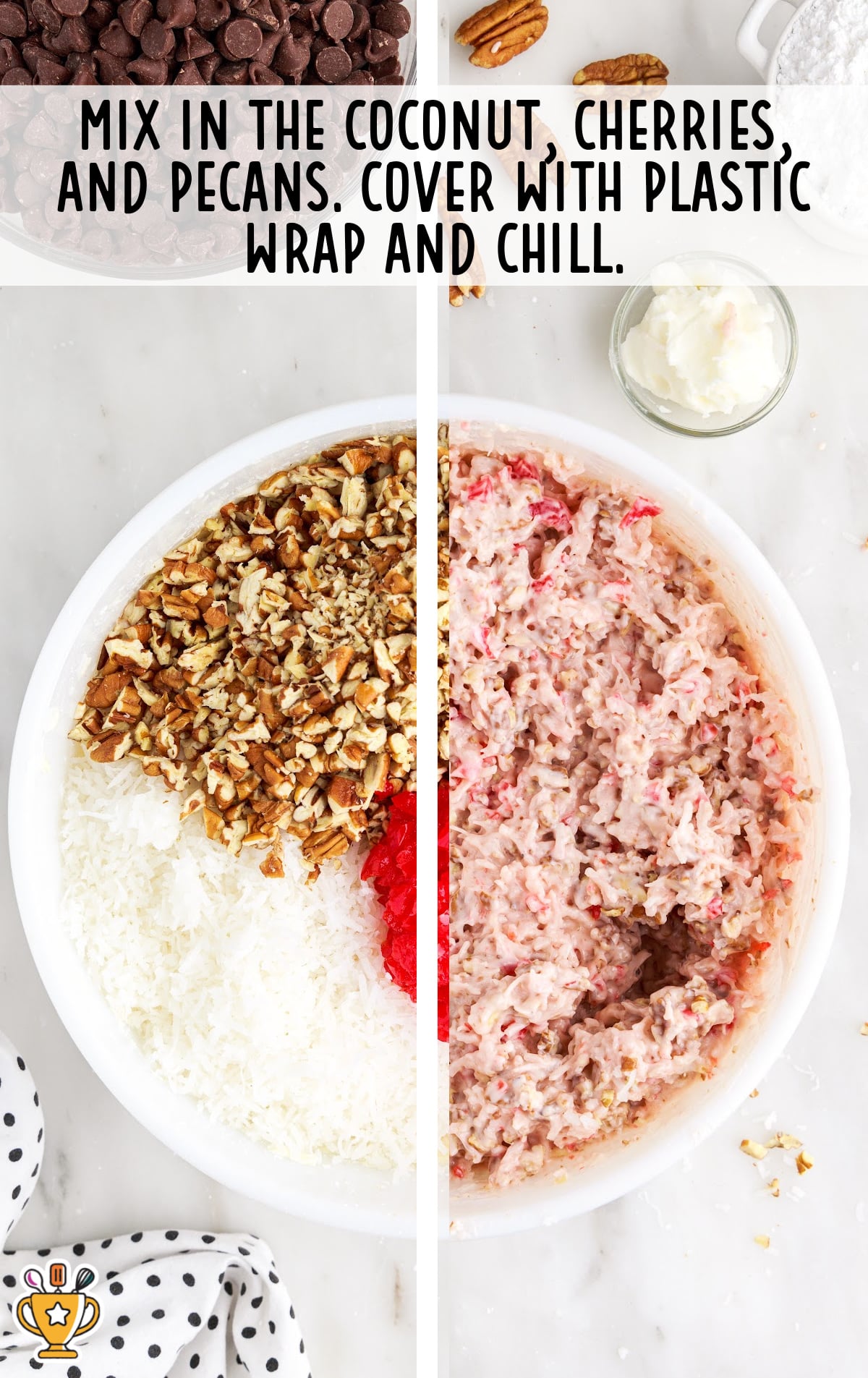 Image split in half showing shredded coconut, chopped pecans, and cherries added to the filling on one side, and fully mixed candy base on the other.