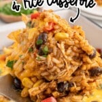 Scoop of cheesy Mexican chicken and rice casserole with black beans, corn, and peppers, easy family dinner idea using leftover chicken.