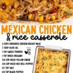 Plate of Mexican chicken and rice casserole with corn, beans, and melty cheese next to casserole dish, with full recipe ingredients list shown.
