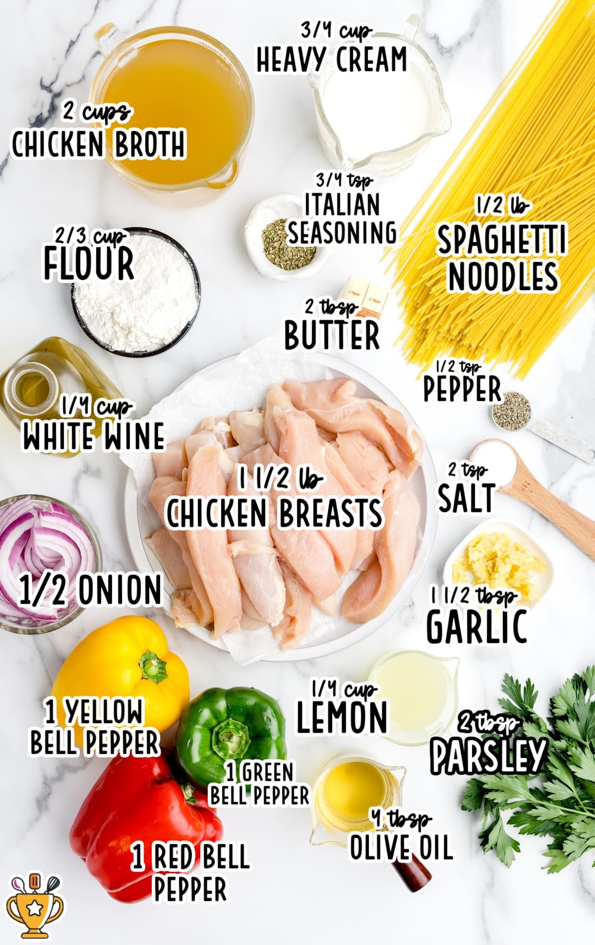 Flat lay of labeled chicken scampi ingredients including raw chicken breasts, bell peppers, spaghetti, heavy cream, garlic, onion, and seasonings.