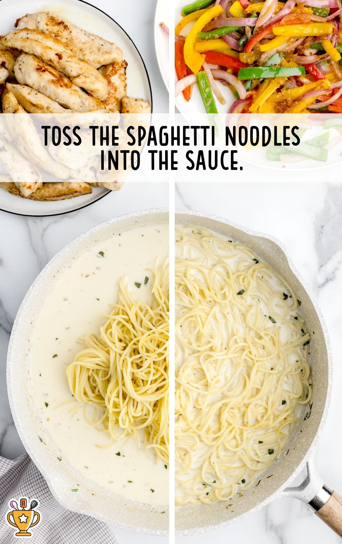 Side-by-side images of spaghetti noodles being added to a skillet filled with creamy garlic sauce for chicken scampi.
