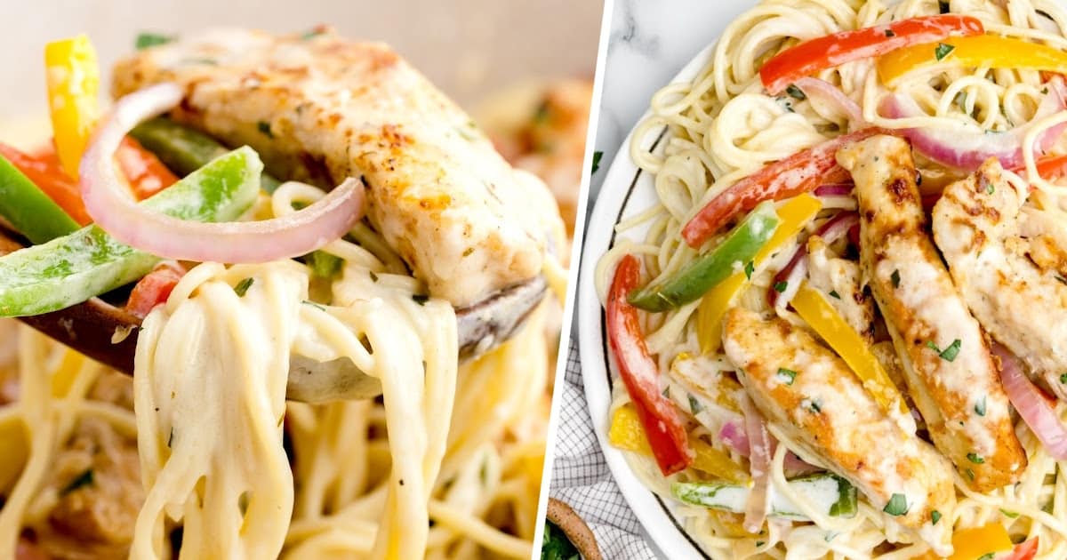 Split image of creamy chicken scampi being lifted with a spoon and a full plate of pasta with grilled chicken and sautéed vegetables.