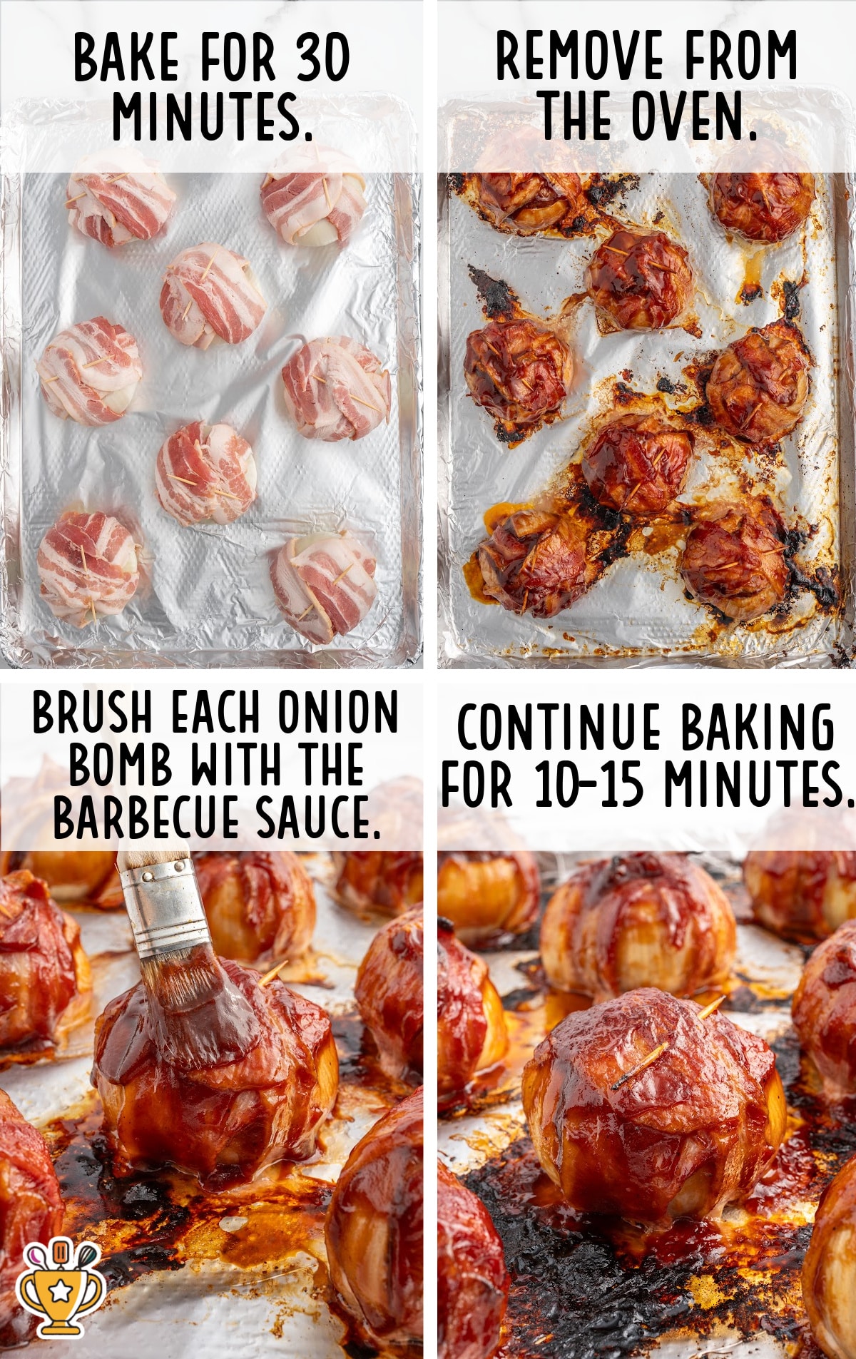 A four-part collage showing how to bake the onion bombs. Raw bacon-wrapped bombs are placed on foil, baked, brushed with barbecue sauce, and baked again until caramelized.