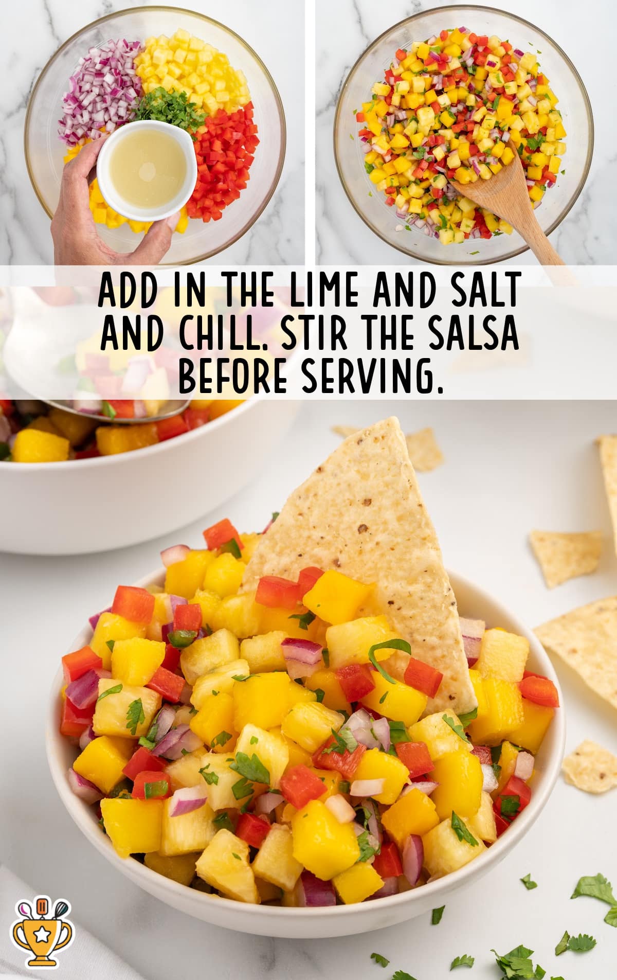 Three-step collage showing lime juice being added to the salsa ingredients, the mixture stirred with a wooden spoon, and the finished salsa served with a tortilla chip.