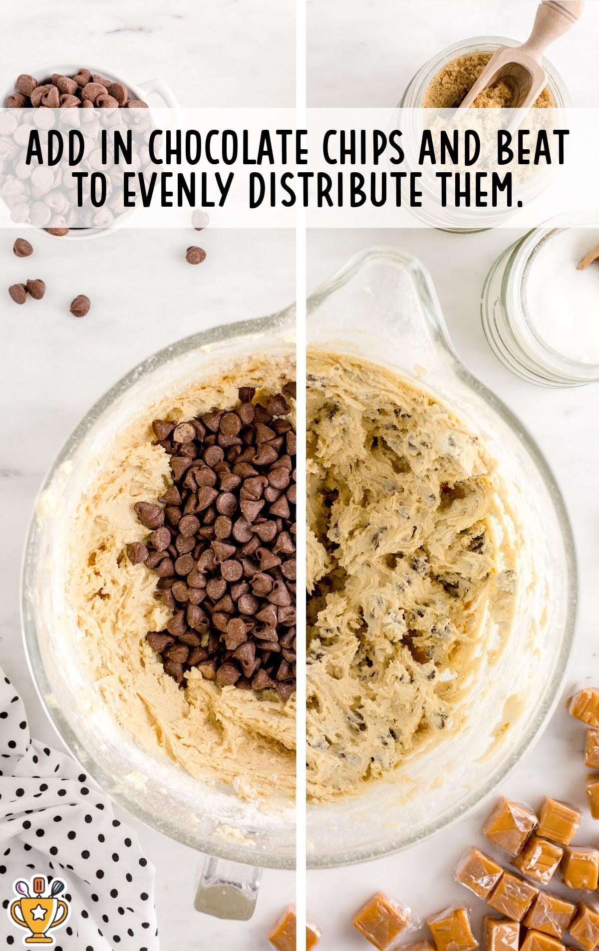 Mixing bowl showing chocolate chips added to cookie dough, then blended evenly throughout the dough.